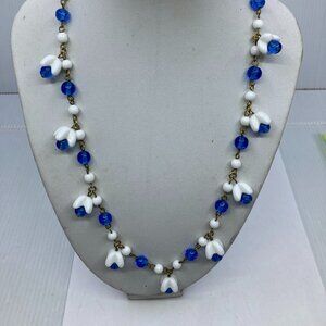 Vtg 1950s MIRIAM HASKELL ? milk glass white/blue bells necklace